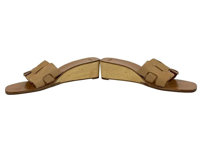 Hermès H-Motiv Keilabsatz-Sandalen aus Holz 36 Beige - Ansicht 4