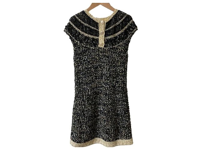 Chanel Icon Button Tweed Strickkleid Schwarz Weiß Beige Golden - Ansicht 2