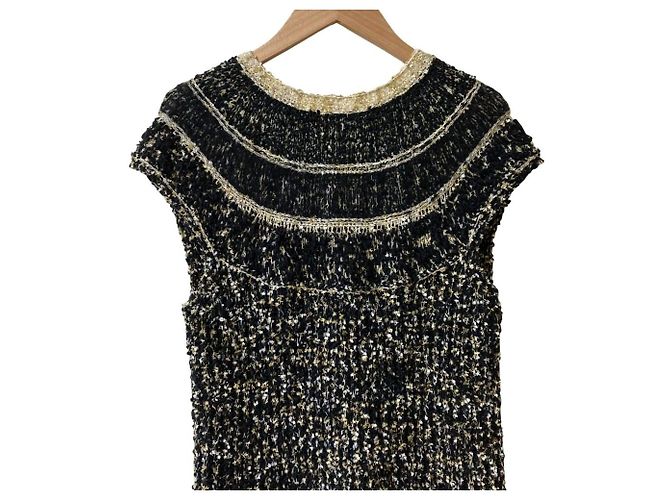 Chanel Icon Button Tweed Strickkleid Schwarz Weiß Beige Golden - Ansicht 3