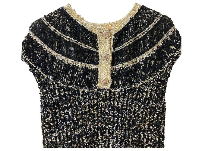 Chanel Icon Button Tweed Strickkleid Schwarz Weiß Beige Golden - Ansicht 6
