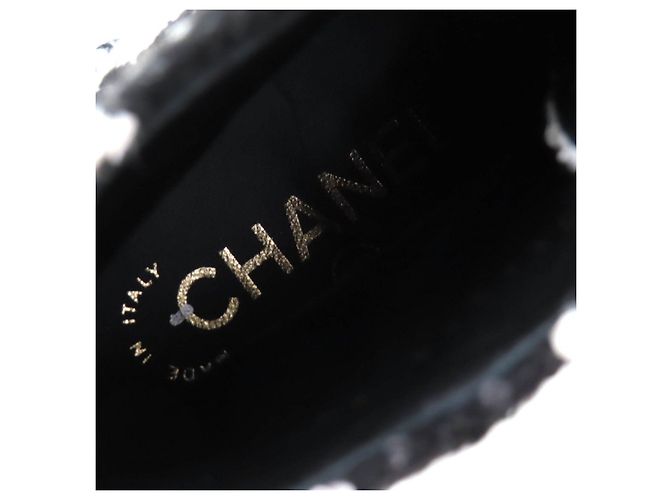 Chanel COCO Mark Sequined Plaid Pattern Tweed Ankle Boots Black - view 10