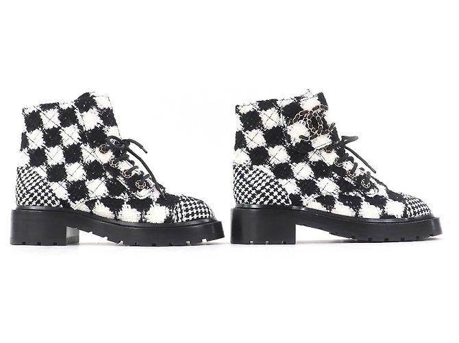 Chanel COCO Mark Sequined Plaid Pattern Tweed Ankle Boots Black - view 3
