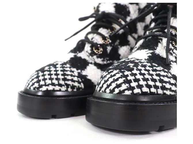 Chanel COCO Mark Sequined Plaid Pattern Tweed Ankle Boots Black - view 4