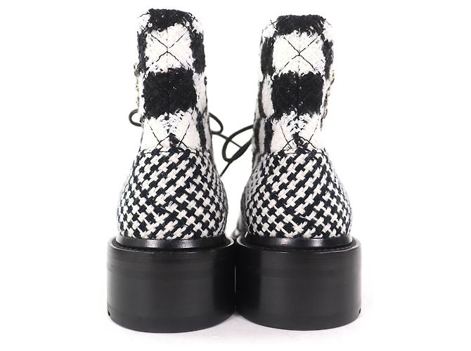 Chanel COCO Mark Sequined Plaid Pattern Tweed Ankle Boots Black - view 5