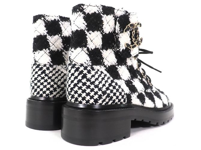Chanel COCO Mark Sequined Plaid Pattern Tweed Ankle Boots Black - view 6
