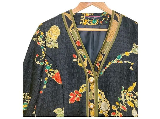 Autre Marque LEONARD FASHION Flower Jewelry Print Collarless Coat Black - view 4