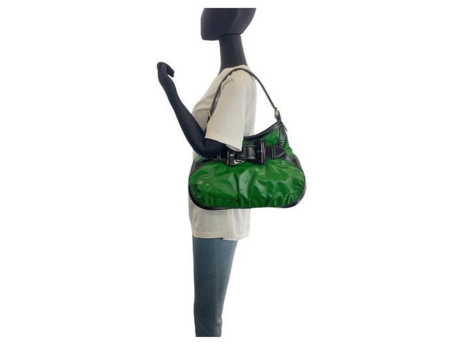 Bolsa de ombro Gucci em nylon e couro Preto Verde - vista 6