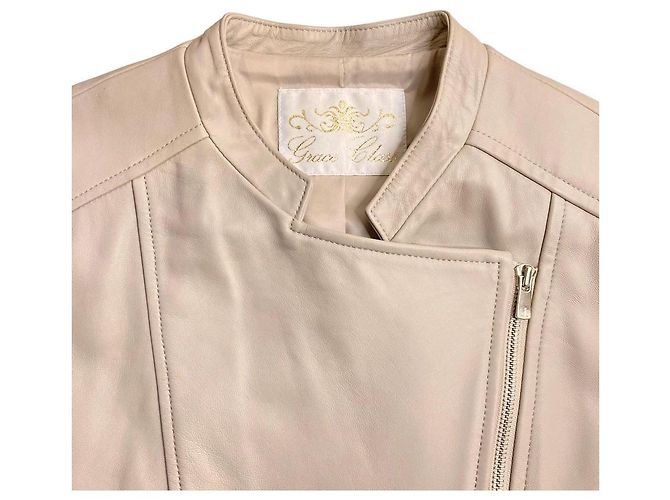 Autre Marque Giacca Double Riders Grace Class in Nappa di Agnello Beige - vista 3