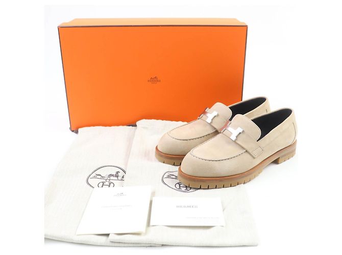 Mocassini in camoscio Hermès Faubourg H logo Metal Beige - vista 2