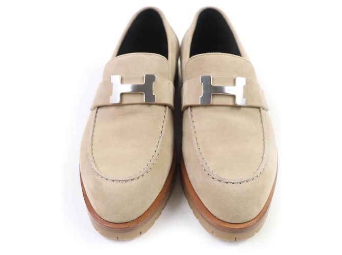 Mocassini in camoscio Hermès Faubourg H logo Metal Beige - vista 4