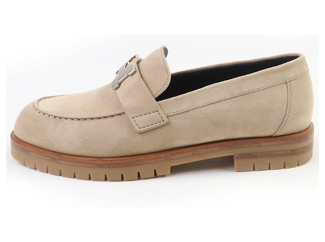 Mocassini in camoscio Hermès Faubourg H logo Metal Beige - vista 5
