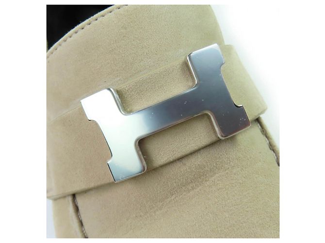 Mocassini in camoscio Hermès Faubourg H logo Metal Beige - vista 9
