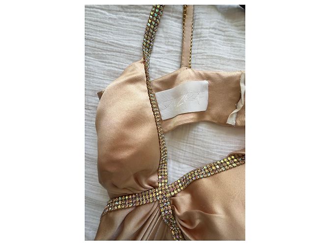 Autre Marque Frédéric Alzra Champagne Satin Crystal Evening Gown Beige - view 3