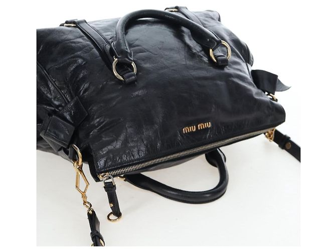 Borsa a mano Miu Miu Vitellolux 2way Black Gold Auth 202521M Nero D'oro - vista 6