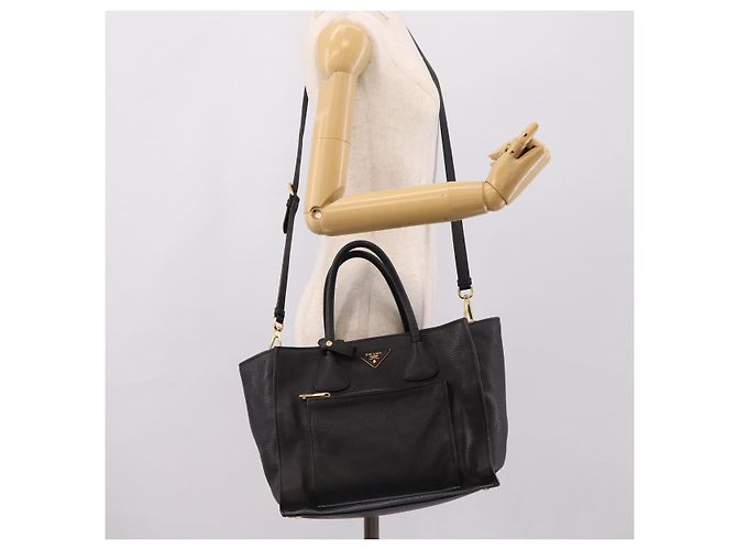Sac à main PRADA en cuir 2way Noir Or Auth ep16198V Doré - vue 29