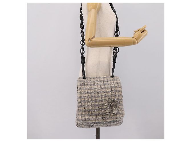 Bolso de hombro CHANEL Tweed Gray Silver CC Auth ar14307SAM Castaño Plata - vista 24