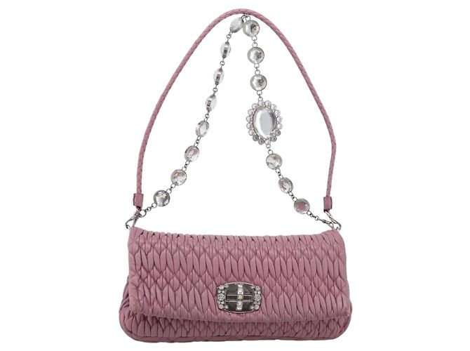 Borsa a tracolla Miu Miu Matelassé con catena in pelle 2way Rosa Argento Auth 206370A - vista 13