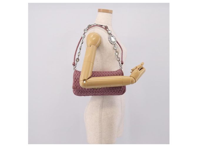 Borsa a tracolla Miu Miu Matelassé con catena in pelle 2way Rosa Argento Auth 206370A - vista 29