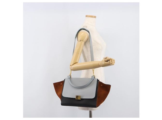 Céline Borsa a mano CELINE Trapeze in pelle 2 vie azzurro e oro autentica 204832V D'oro Blu chiaro - vista 30