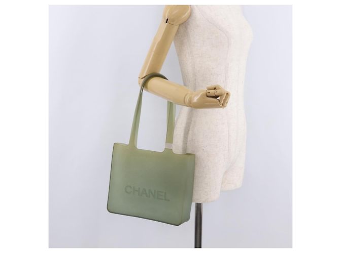 Saco Tote CHANEL Rubber Khaki Silver CC Auth mr2989 Prata Caqui - vista 22