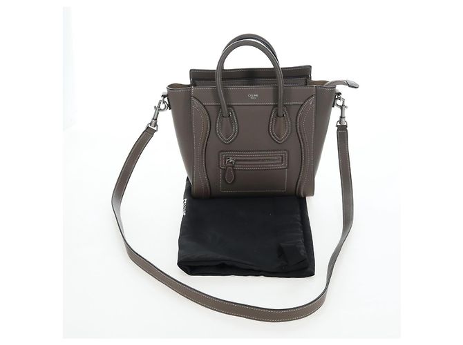 Céline CELINE Luggage Nano Hand Bag Leather 2way Gray Silver Auth 204904V Marrone Argento - vista 12