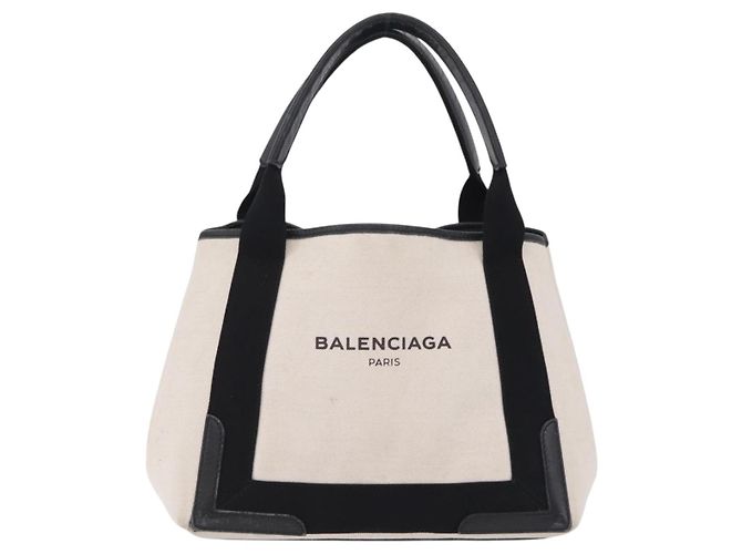 Borsa BALENCIAGA Navy Cabas S Canvas White Black 339933 Auth 204200 Nero Bianco - vista 13