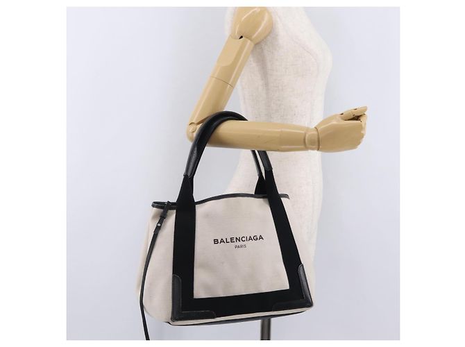 Borsa BALENCIAGA Navy Cabas S Canvas White Black 339933 Auth 204200 Nero Bianco - vista 27