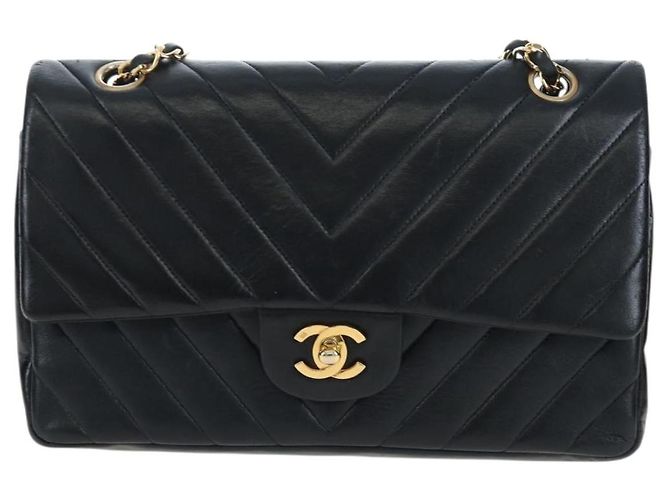 CHANEL V-stitch Chevron Double Flap Matelasse 25 Chain Shoulder Auth BA15583V Negro - vista 13