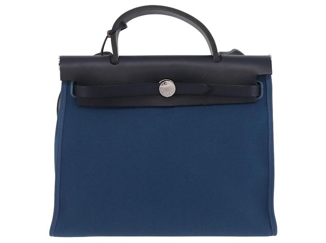 Hermès Bolso de mano HERMES Herbag Zip PM Canvas Cuero 2way Navy Silver Auth 202516SAM Plata Azul marino - vista 2