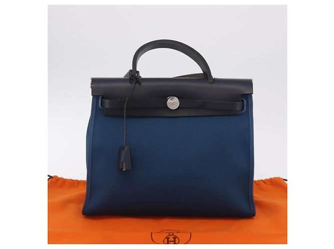 Hermès Bolso de mano HERMES Herbag Zip PM Canvas Cuero 2way Navy Silver Auth 202516SAM Plata Azul marino - vista 35