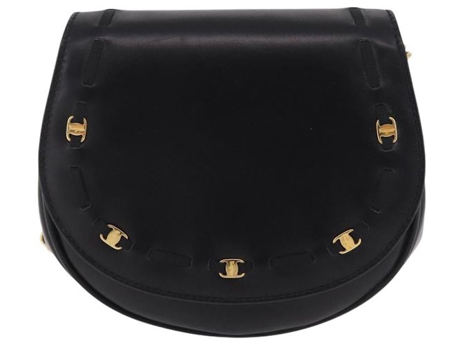 Salvatore Ferragamo Vala Chain Shoulder Bag Leather Black Gold Auth 206299 Golden - view 13