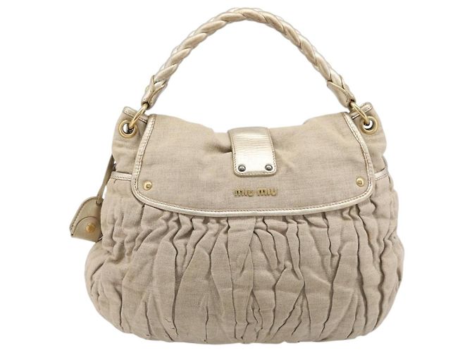 Borsa a mano Miu Miu Matelassé Canvas Beige Gold Tone Auth bs37124 - vista 2