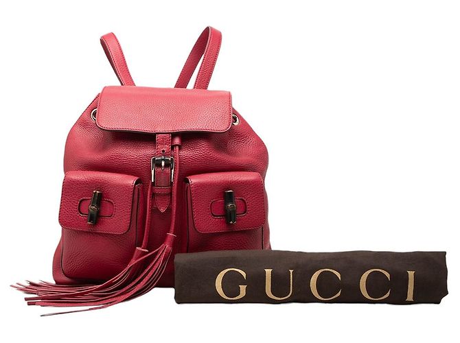 Bamboo Zaino Gucci Large in pelle di vitello rosso con nappina in bambù e coulisse - vista 7
