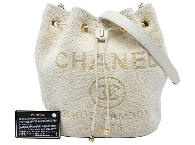 Borsa a secchiello con coulisse Chanel Deauville Small in tweed bianco - vista 7