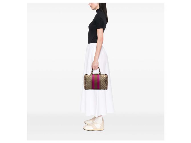 Borsa Boston Satchel Gucci Medium GG Canvas Web Joy Beige - vista 5