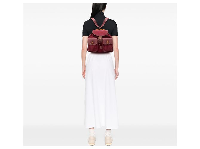 Red Gucci Large Suede Bamboo Drawstring Backpack - view 6