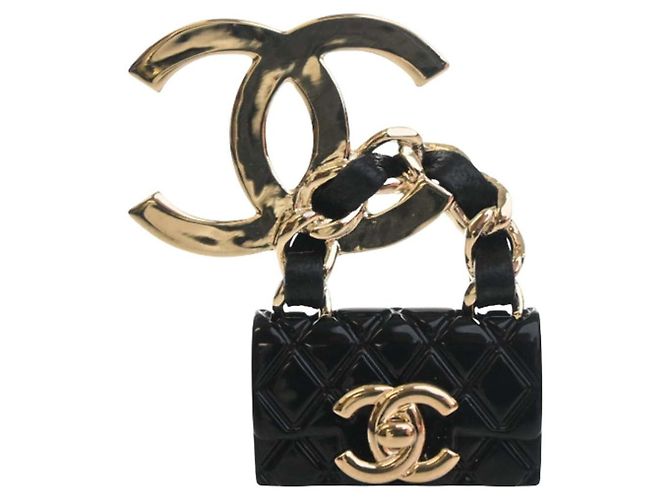 Gold Chanel CC vergoldete gesteppte Emaille-Flap-Bag Brosche Golden - Ansicht 4