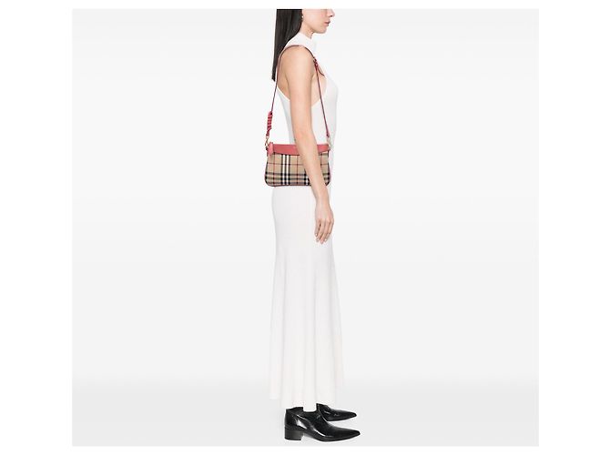 Borsa a tracolla Burberry Haymarket Check Peyton in nylon beige - vista 6