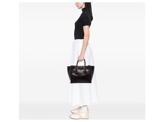 Double Bolsa Prada Glace Calf de Alça Dupla e Bolso Duplo, Castanho Marrom - vista 6