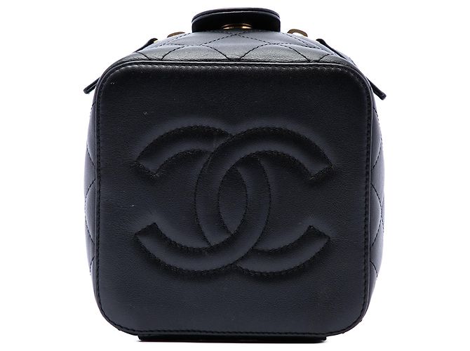 Piccola borsa vanity Chanel in pelle di vitello trapuntata nera con catena e borsa satchel Nero - vista 3