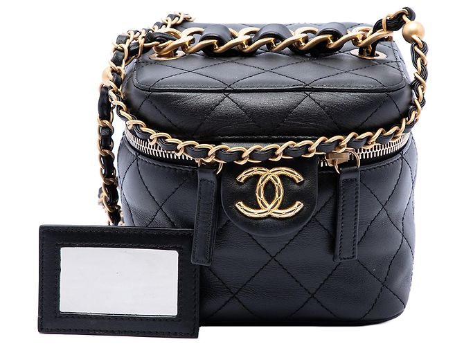 Piccola borsa vanity Chanel in pelle di vitello trapuntata nera con catena e borsa satchel Nero - vista 7