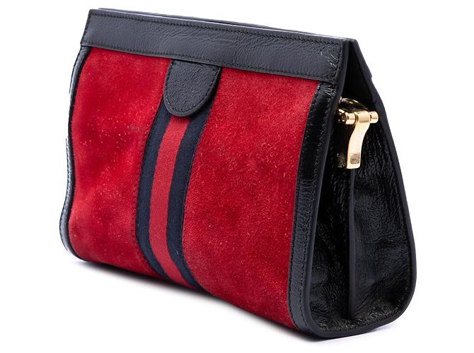Borsa a tracolla con catena Gucci Ophidia Small in camoscio rosso con banda Web - vista 2