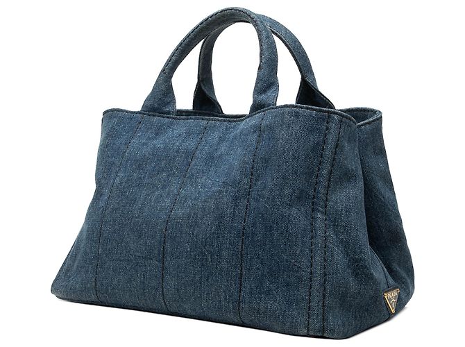 Borsa Tote Satchel Prada Denim Canapa Logo blu - vista 2