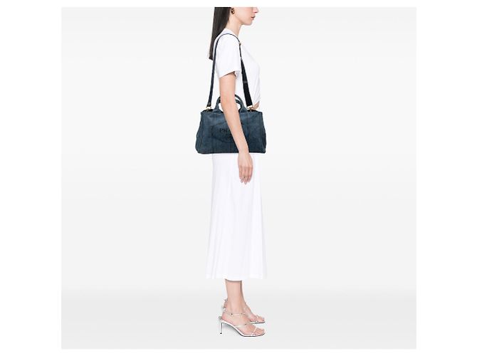Borsa Tote Satchel Prada Denim Canapa Logo blu - vista 6
