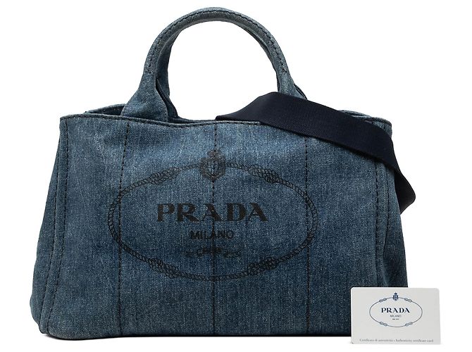 Borsa Tote Satchel Prada Denim Canapa Logo blu - vista 7