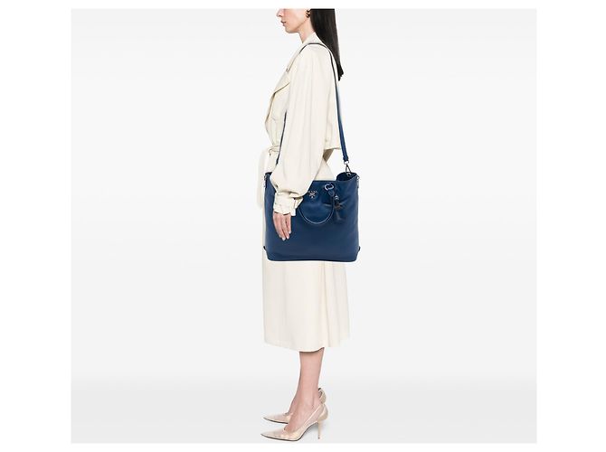 Borsa Tote Satchel Convertibile Prada Vitello Daino Blu con Cerniera Laterale - vista 6