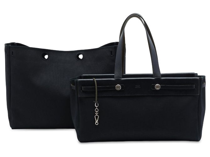 Borsa Tote Herbag Cabas MM Hermès in Toile e Vache Hunter nera Nero - vista 7