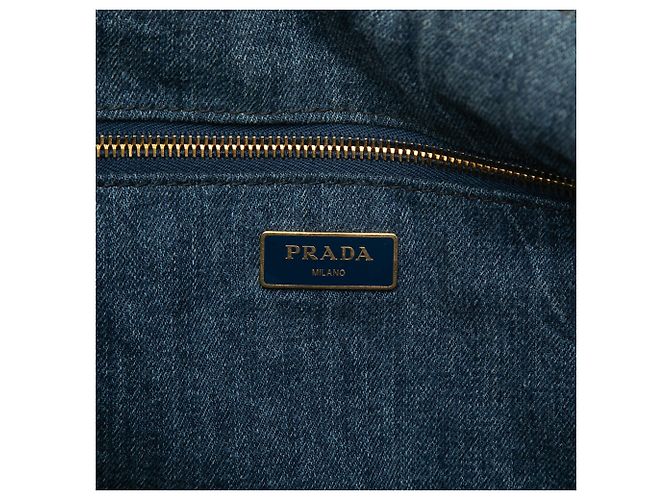 Borsa tote satchel Prada Denim Canapa Logo blu - vista 5