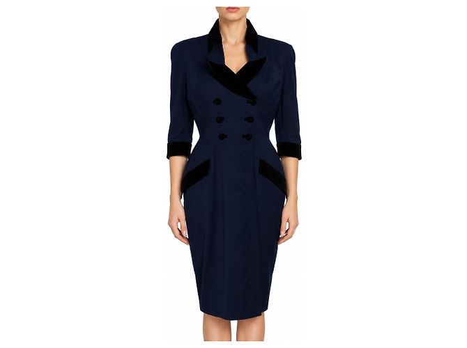 Thierry mugler, blaues Kleid mit Samtkragen Schwarz - Ansicht 5