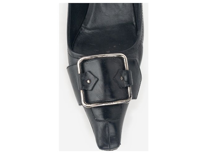 Prada 2000s Square Toe Buckle Loafer Pump Kitten Heels Black - view 7